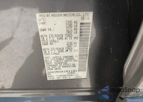 2016 Nissan Murano S из США, поврежденный, VIN 5N1AZ2MH1GN161181